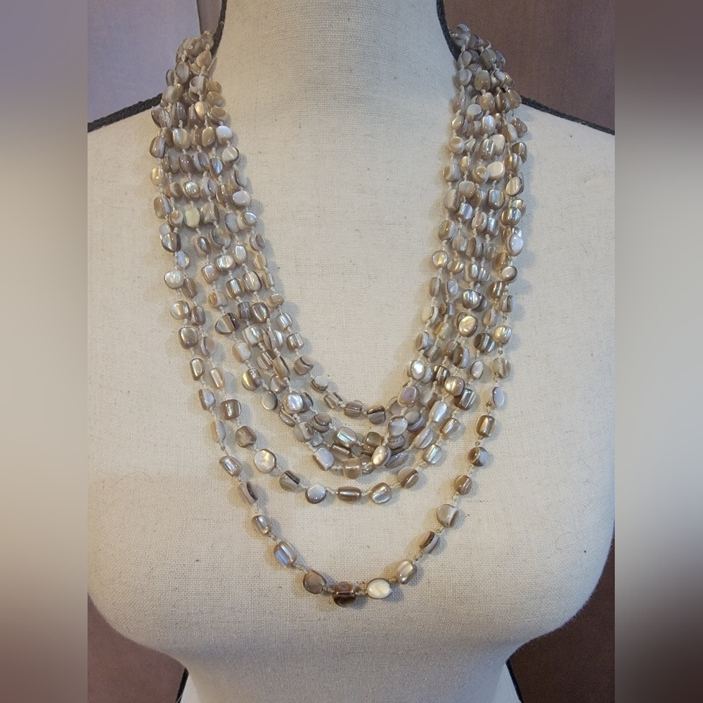 Vintage 6 Strand Iridescent Shell Beaded Statement Necklace 18–24”